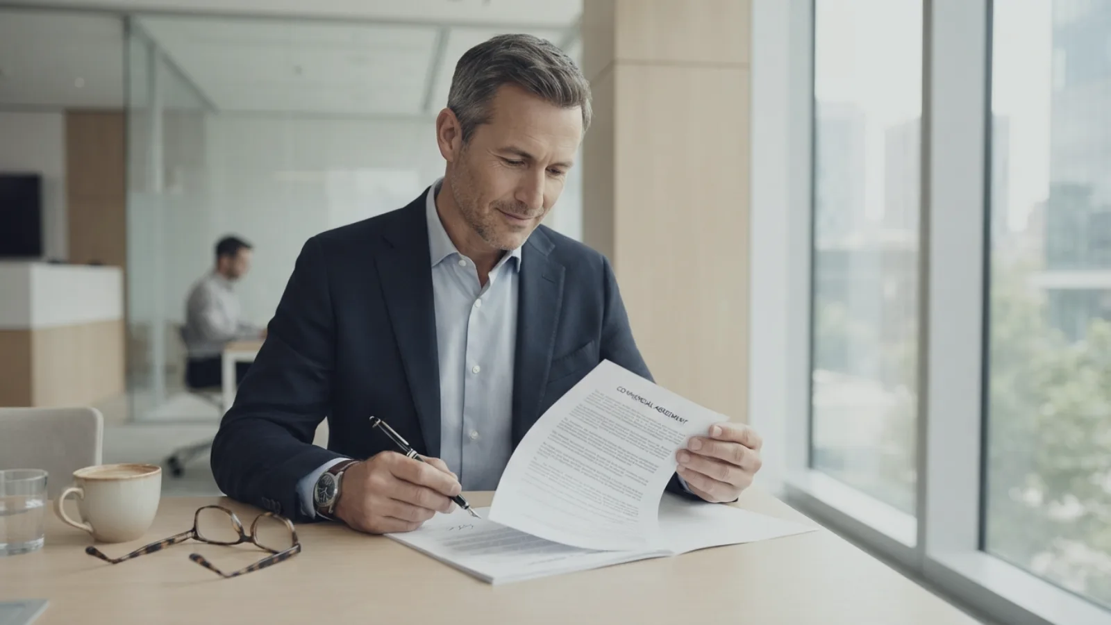 Dirigeant relisant un contrat commercial avant signature