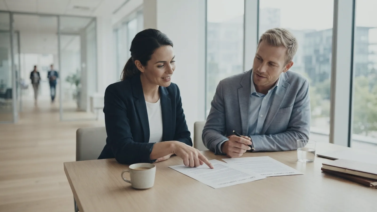 Deux professionnels analysant un contrat de travail lors d'un accompagnement juridique